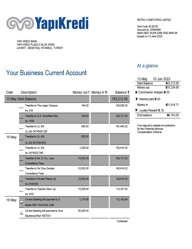Modèle Word et PDF de relevé de compte de l'organisation Yapi Kredi Bank